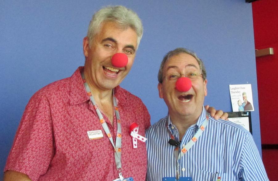 Laughter Therapy has been an important element of Richard London's presentations and training. London (on right) pictured here with Peter Davison at the World Parkinson's Congress, Montreal.
