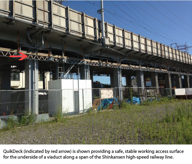 QuikDeck (indicated by red arrow) is shown providing a safe, stable working access surface for the underside of a viaduct along a span of the Shinkansen high-speed railway line.