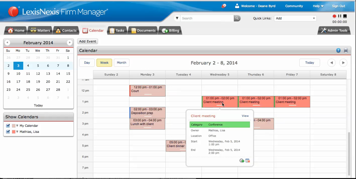 The LexisNexis Firm Manager calendar view.