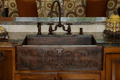 Premier Copper Products KASDB30229S - 30" Copper Hammered Kitchen Apron Single Basin Sink with Scroll Design