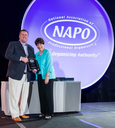 Paul Miles of Make-A-Wish accepts 2014 Organizing Excellence Award from NAPO Awards Committee Chair, Ellen Palestine, Certified Professional Organizer®.  Photo by Dan Slutsky