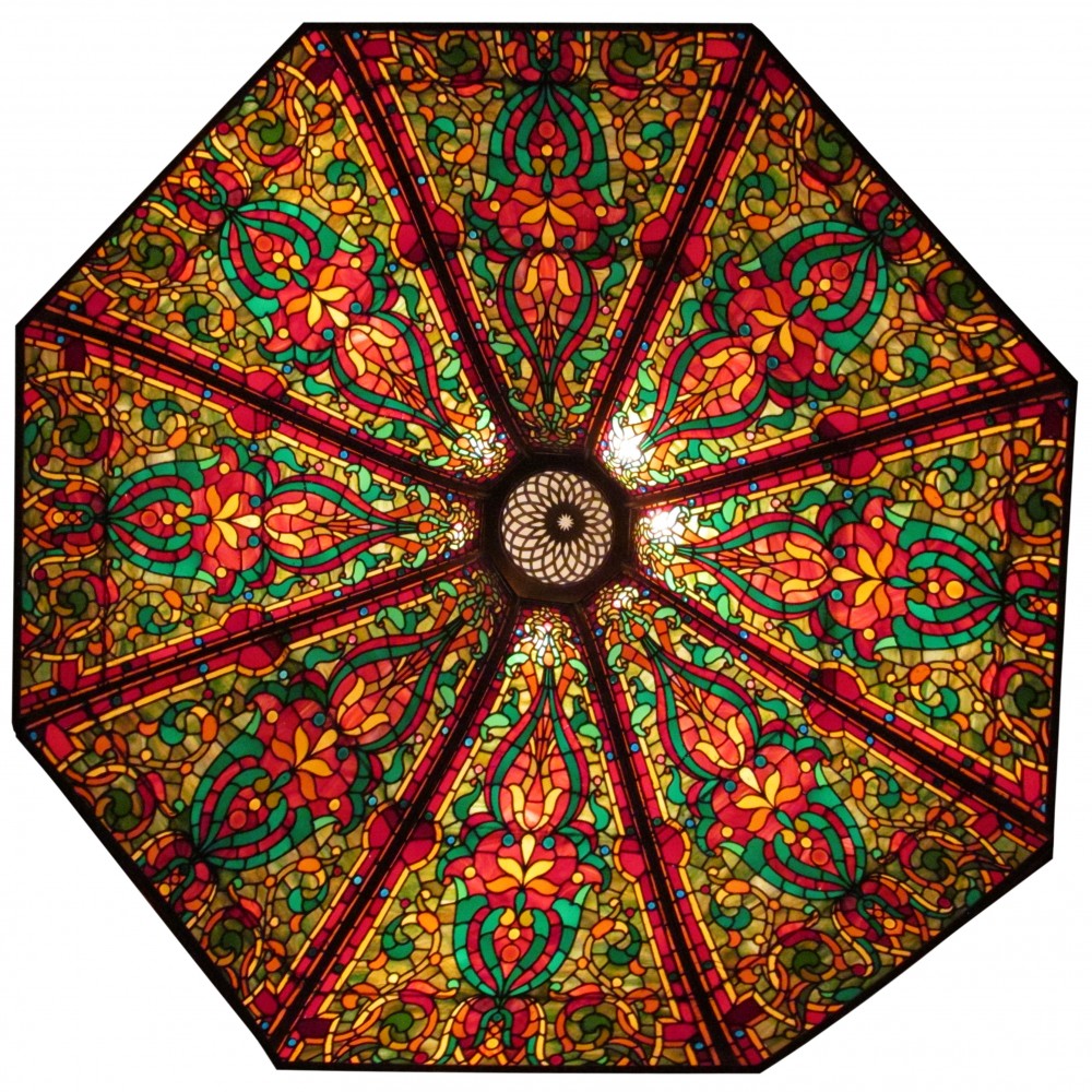 Ceiling dome: Large and beautiful 7-foot leaded glass 8-panel ceiling dome, the panels having serpentine form (est. $10,000-$15,000).