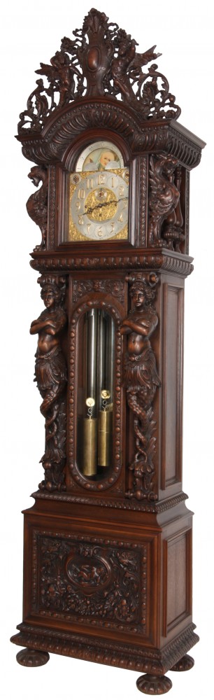 Horner clock: Carved R. J. Horner oak 9-tube grandfather clock, 120 inches tall, with movement by Westminster & Whittington (est. $50,000-$75,000).