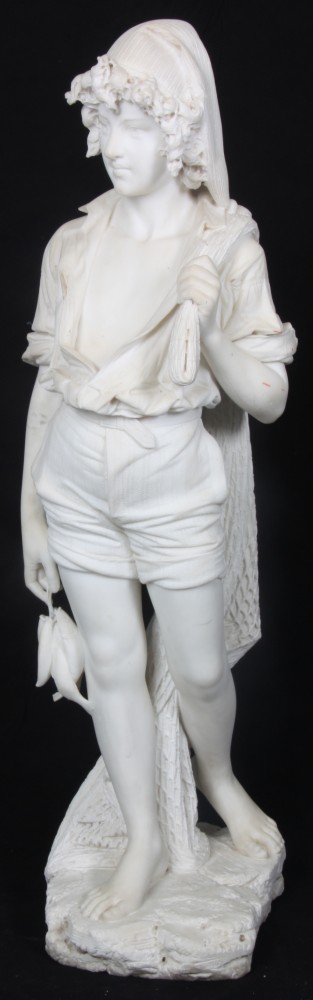 Marble sculpture: Carved marble sculpture of a fisherman, signed on the back “A. Cipriani,” 50 ½ inches tall (est. $8,000-$12,000).