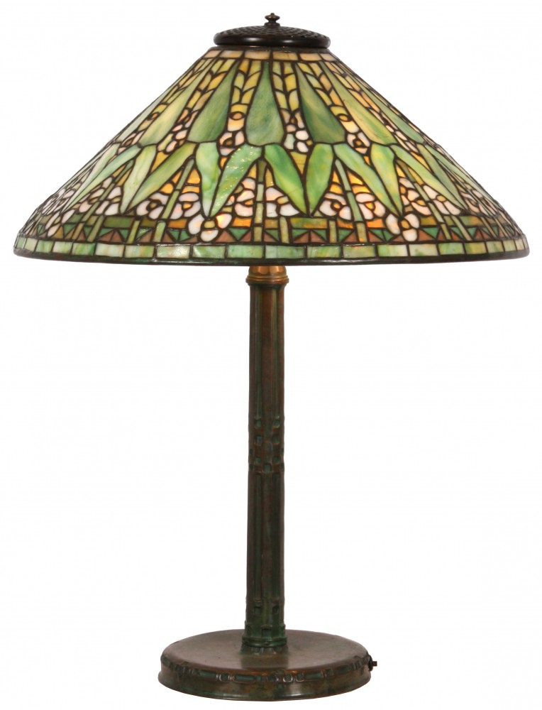 Tiffany lamp: Tiffany Studios Arrowroot table lamp with 20-inch diameter conical form shade and signed base, 26 inches tall (est. $25,000-$35,000).