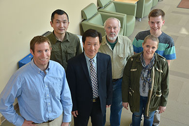 SDSMT startup Nanofiber Separations, founded by Todd Menkhaus, front left, and Hao Fong, front center, has received $710K from the National Science Foundation and Giant Governor's Vision Competition.