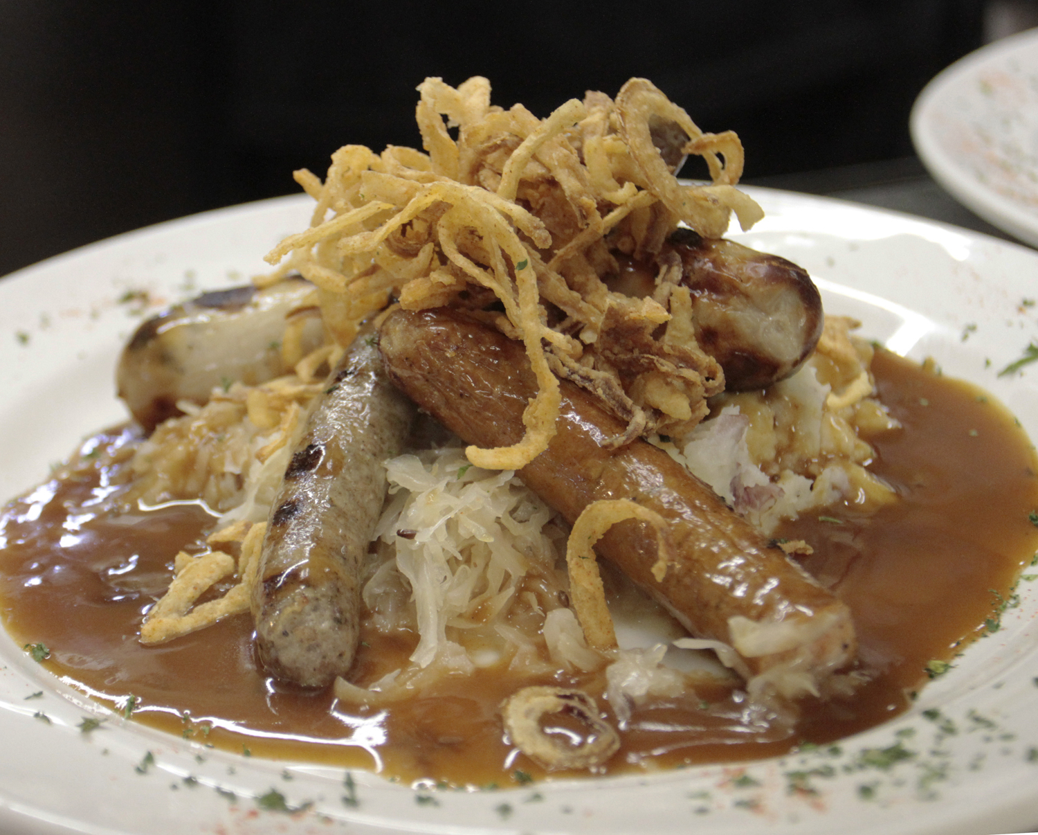 The Bavarian Lodge and Restaurant at Taos Ski Valley mixed German sausage plate.