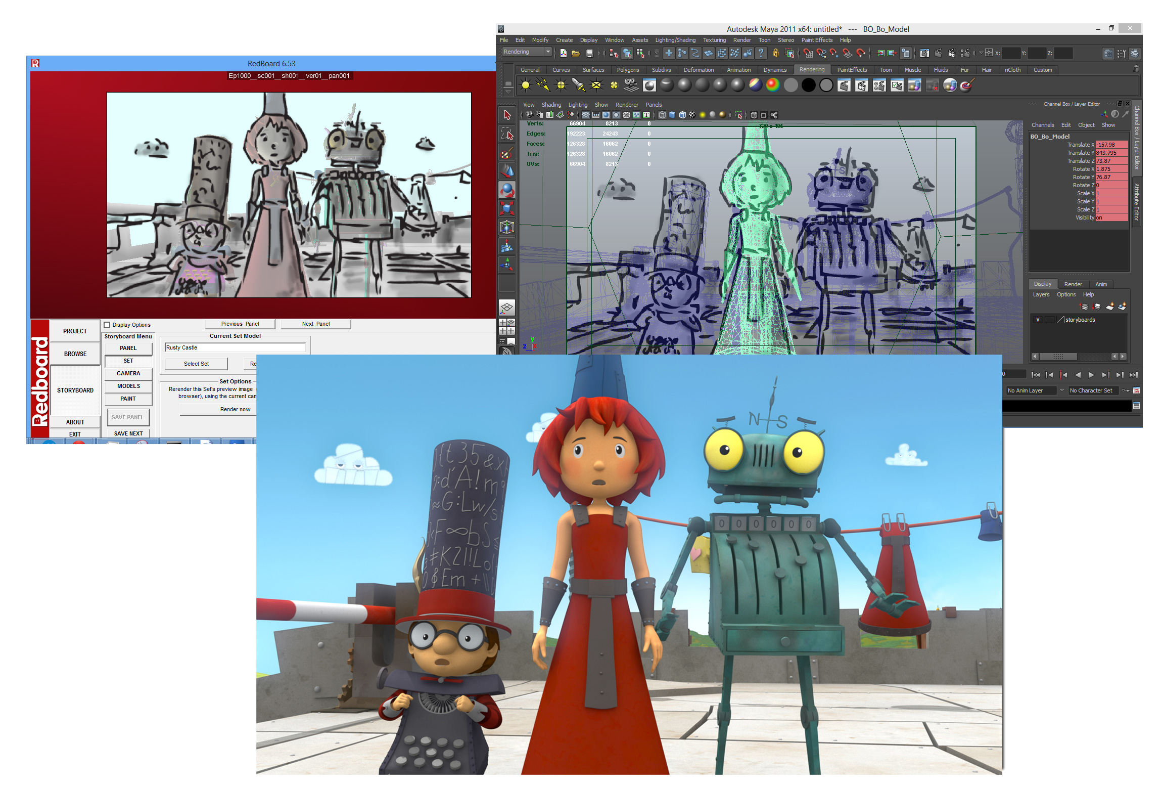 Image showing the storyboard drawing in Redboard, a layout pass in Autodesk's Maya and the final render