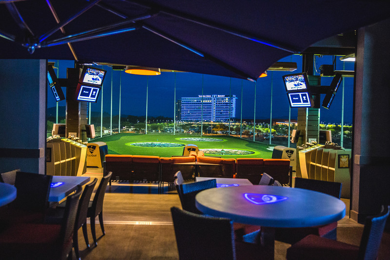 View from the rooftop terrace at a Topgolf facility in Scottsdale, AZ