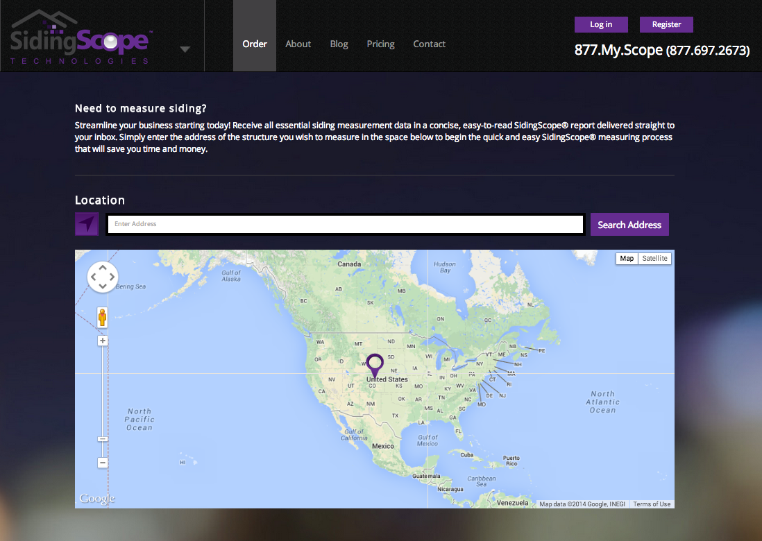 SidingScope's simple homepage makes ordering siding measurements as easy as possible.