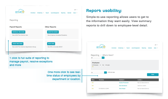 Report usability: Simple-to-use reporting allows users to get to the information they want easily. View summary reports to drill down to employee-level detail.