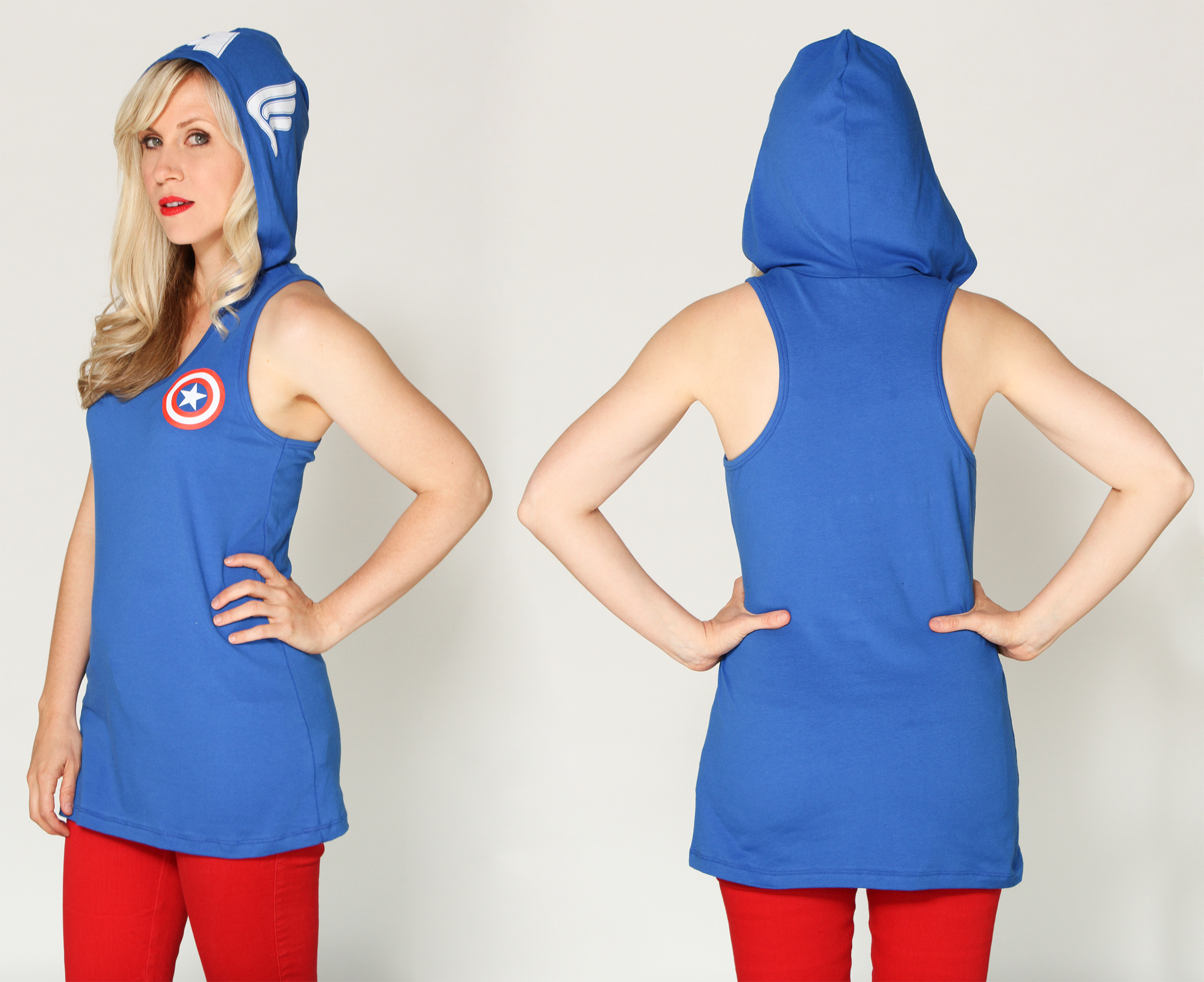 Turns this hooded racerback tank top into an everyday cosplay design! Hood down, casual tank top...hood up instantly feel like the symbol of freedom and patriotism, Captain America!