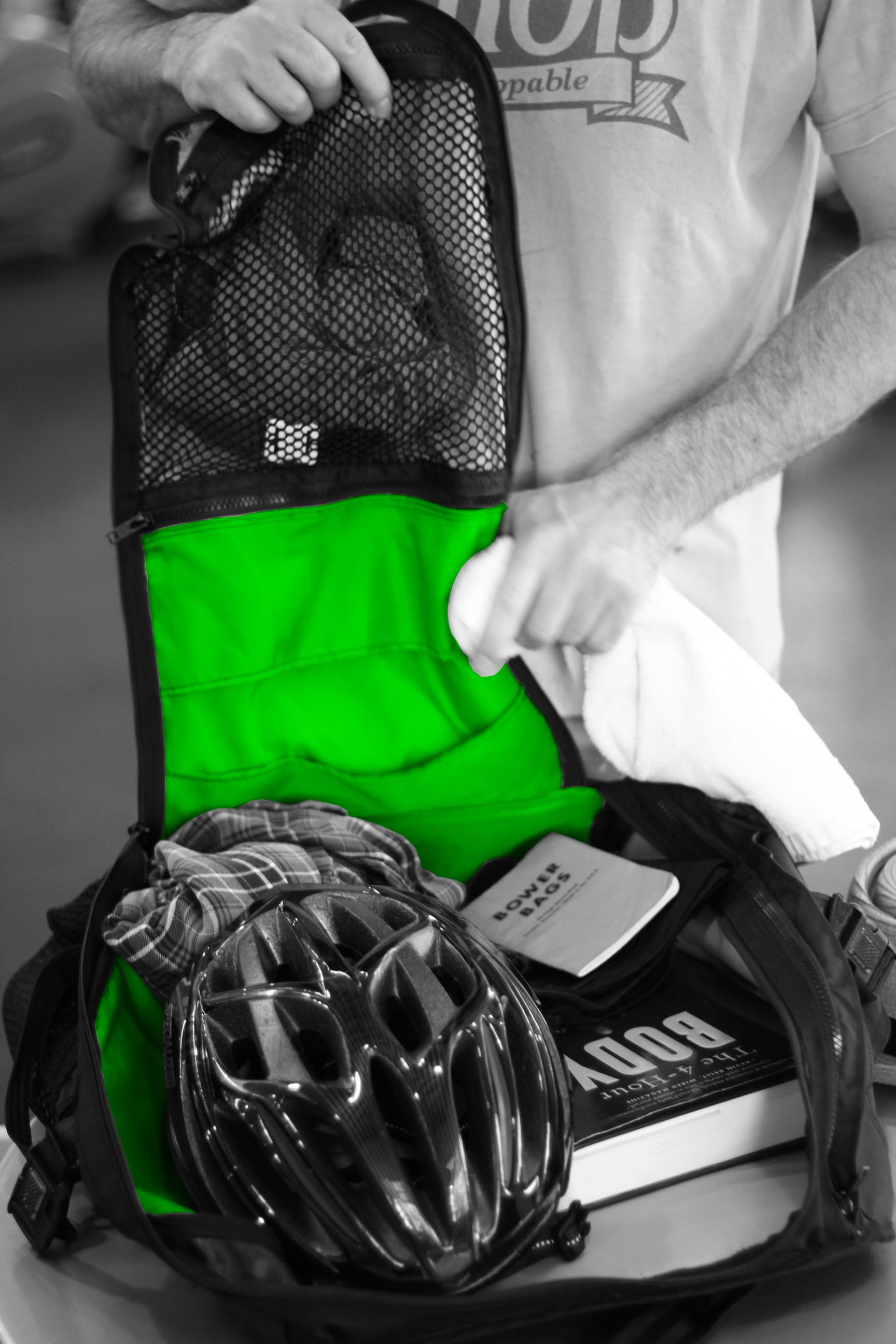 Duffel with lime green accent.