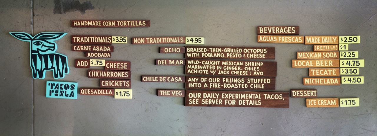 The menu at Tacos Perla