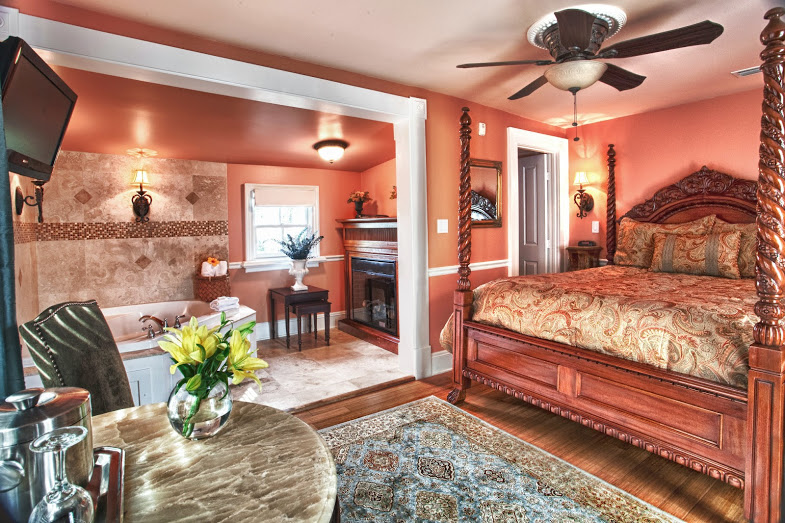 Stephanie's Hideaway is a luxurious room with a queen sized bed, Jacuzzi tub, beautifully tiled shower, and hardwood floors. It is just one of the rooms featured in the Bayfront Marin House's summer s