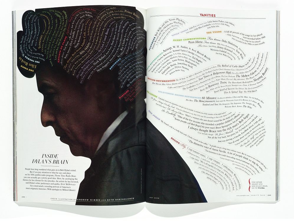 “Inside Dylan’s Brain,” Photo illustration by Andrew Nimmo and Beth Bartholomew from a photograph by Chris Furlong, originally published Vanity Fair, May 2008. Image courtesy of Condé Nast