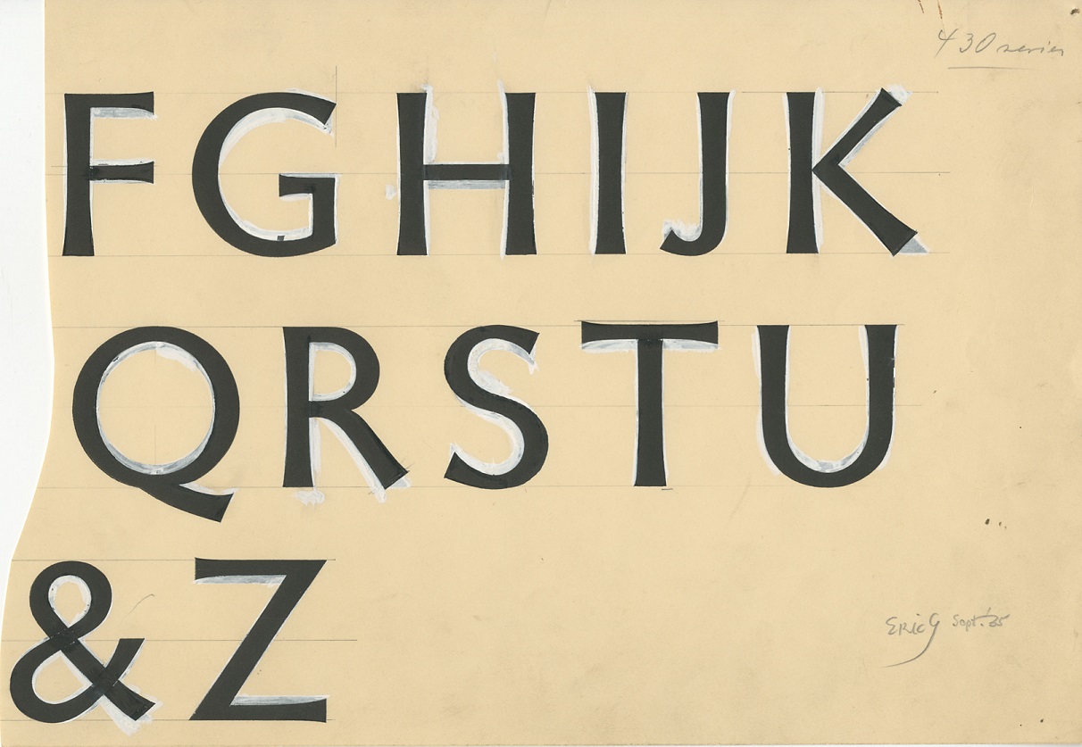 Original drawings made by Eric Gill in 1935 for Monotype series no. 430, a family which was never completed and released. Image courtesy of Monotype.