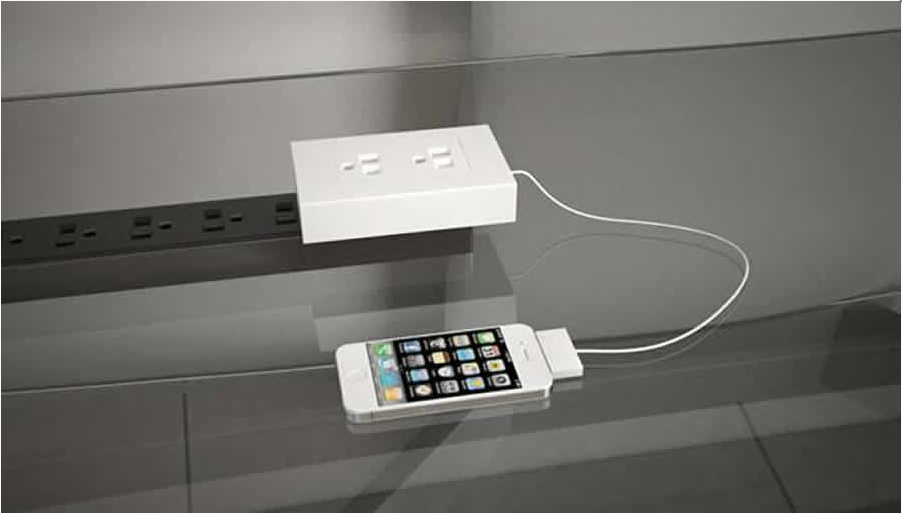 Shows a smart phone charging while utilizing the device and its retractable cord.