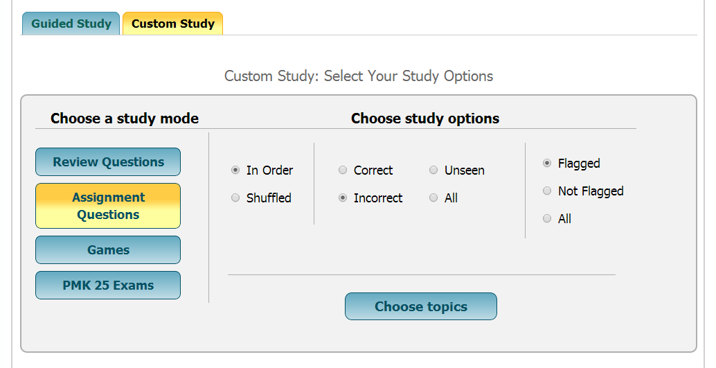 PMK Advisor allows you to select study modes and options.