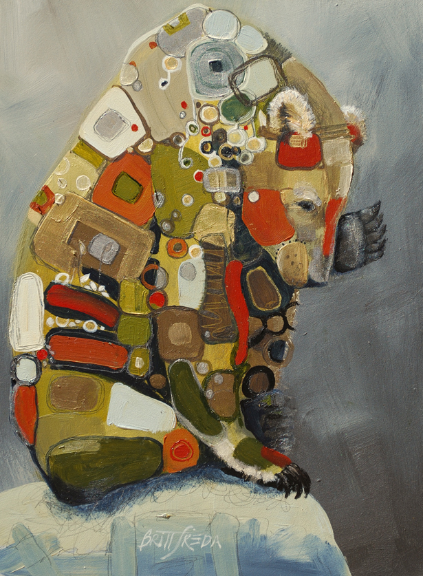 "Ursus Horribilis, in Gold and Red," Painting – Acrylic and graphite on panel, 12 x 9 inches, by Britt Freda