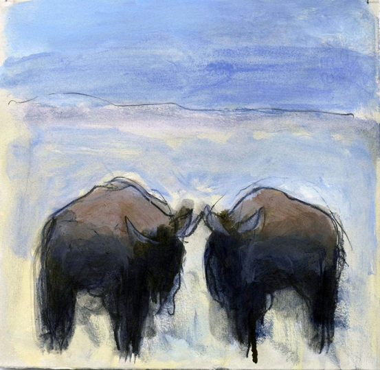 "Red Rock Buffalo Dr. #8," Painting – Oil, Encaustic, Graphite on Paper, 10 x 10 inches, by Theodore Waddell