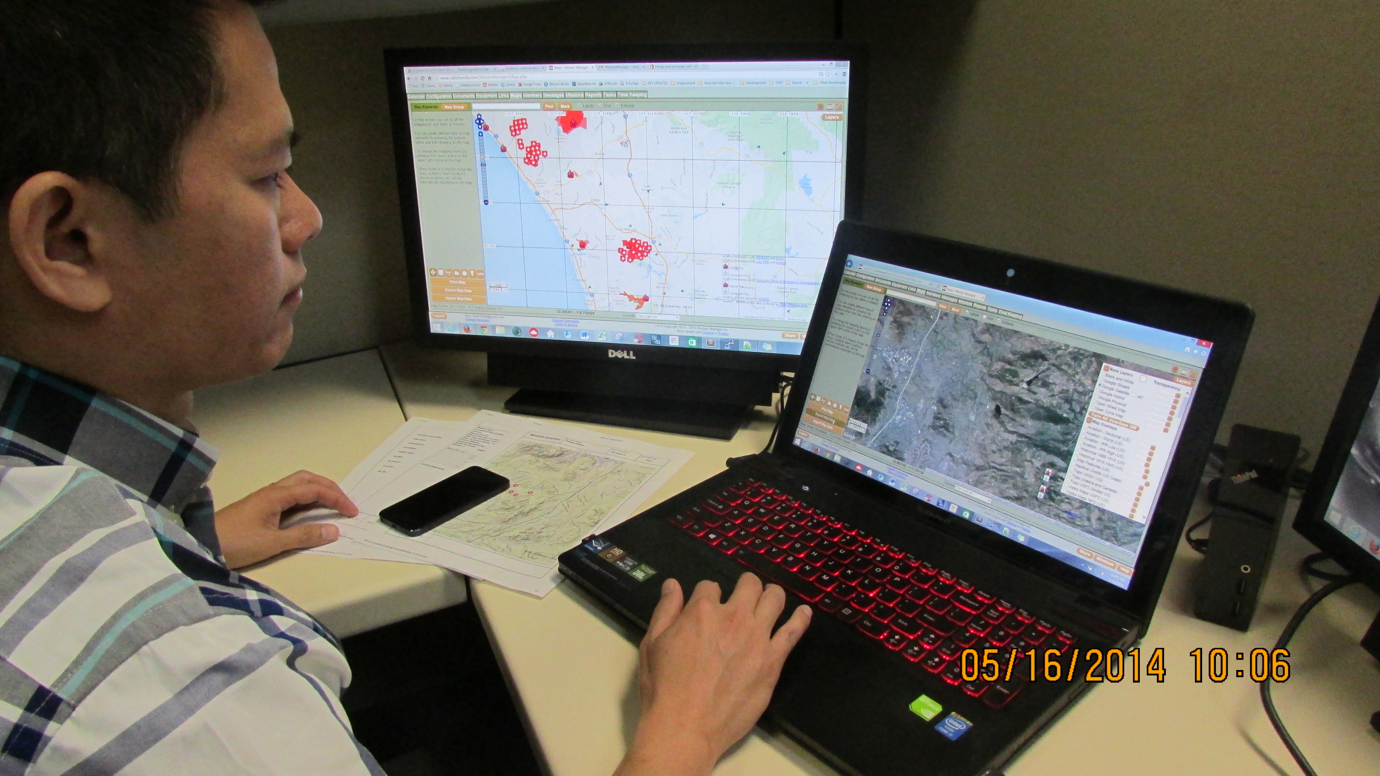 Mission Manager programmer views San Diego fires on various mapping layers (May 2014)