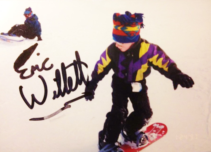 Professional Snowboarder Eric Willett at age 9, taking a run at the Breckenridge Ski Resort in 1996.