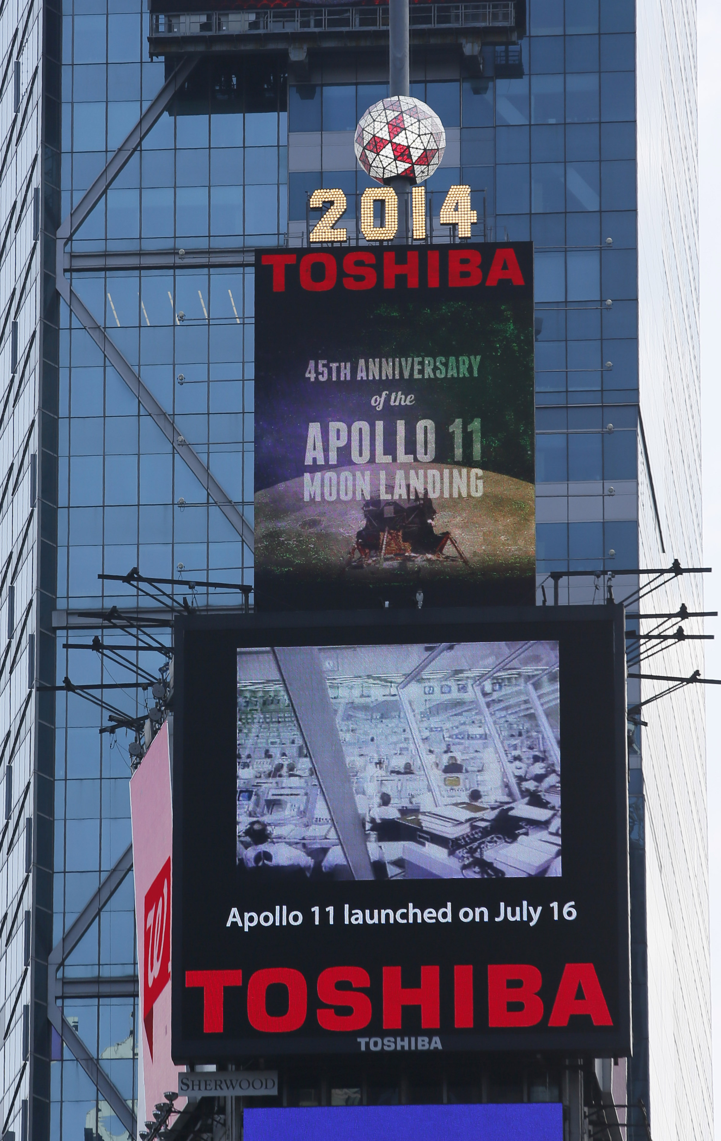 Toshiba celebrates the 45th anniversary of the Apollo 11 space mission with a broadcast of two historic NASA videos on its Toshiba Vision Screens high atop One Times Square, Sunday, July 20, 2014.
