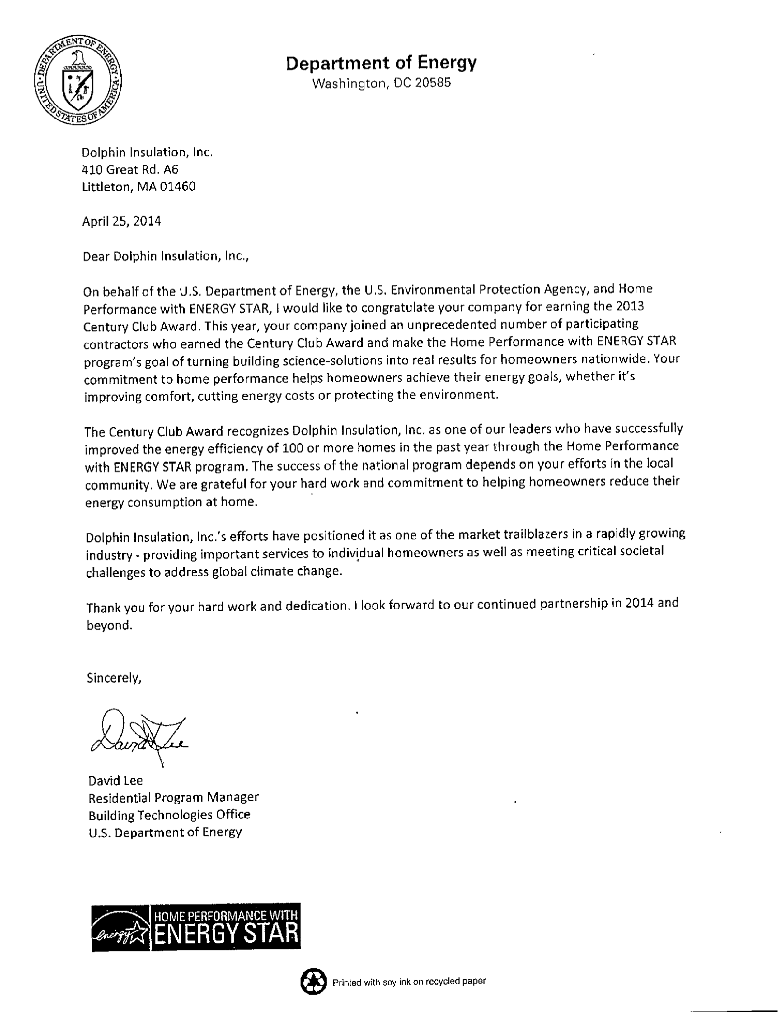Department of Energy Letter