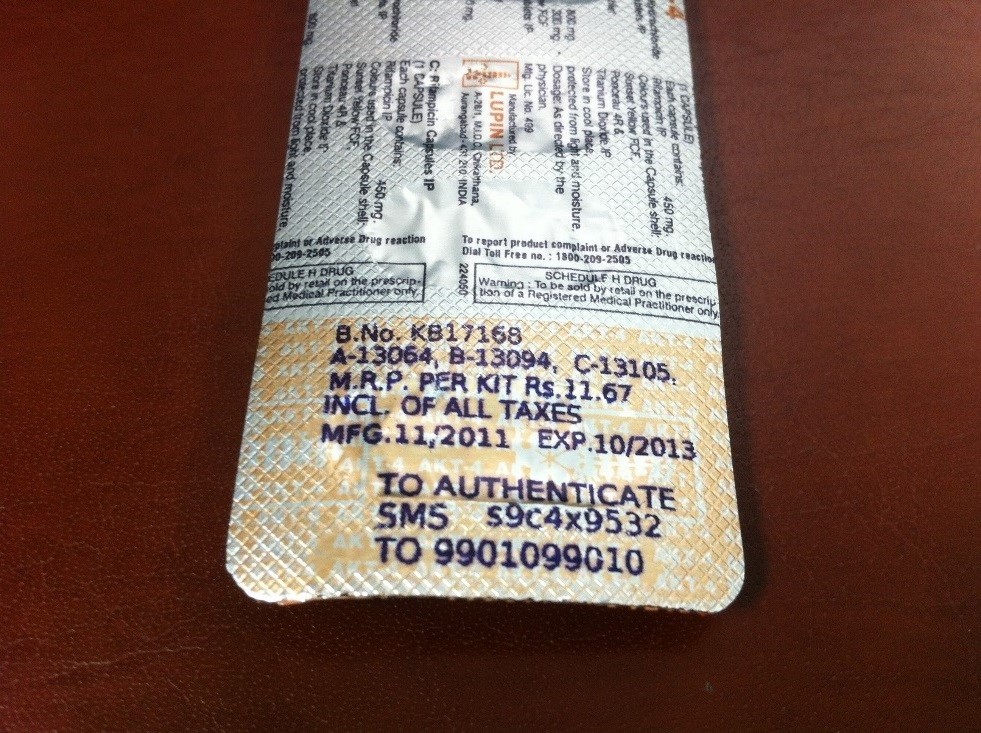 This pack of AKT-4 used to treat Tuberculosis in India is one of a billion packages affixed with a unique ID that the patient can use to verify authenticity of the medicine.