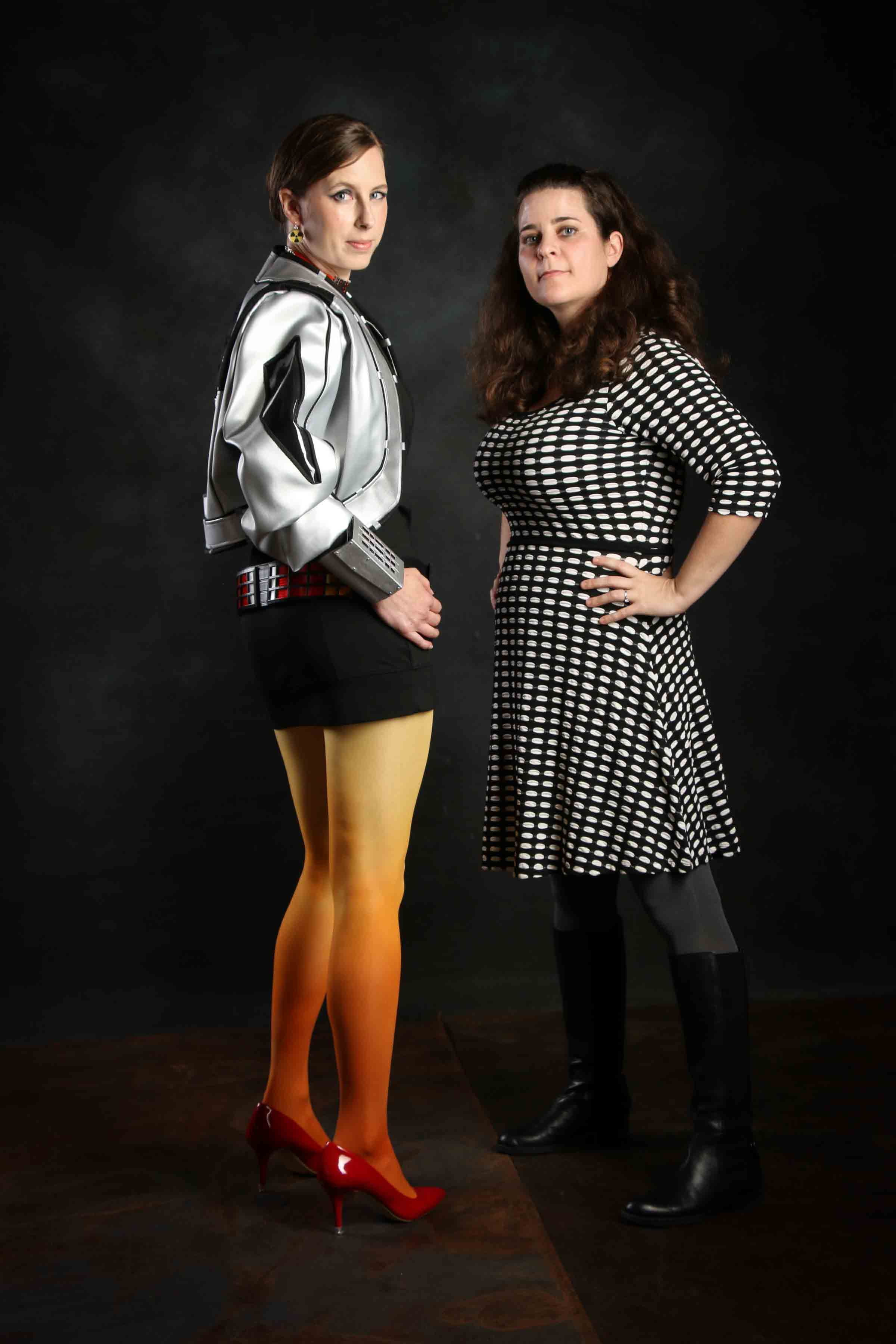 Her Universe Fashion Show designer, Amy Beth Christenson, poses with the model wearing her celebrity judge-chosen winning design based on Back to the Future.