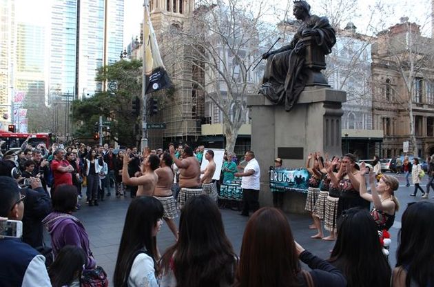 Maori warriors, leading the charge against drug abuse in Sydney’s central business district with a rousing performance of song and dance to draw attention to The Truth About Drugs drug initiative.