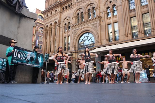 A troop of Maori singers and dancers transformed the Sydney central business district with a rousing performance of Maori song and dance to promote drug-free living.