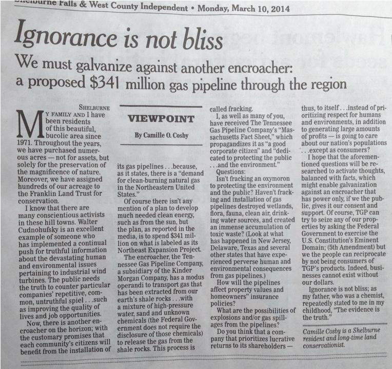 Camille Cosby article in Shelburne Falls and West County Independent March 10, 2014.