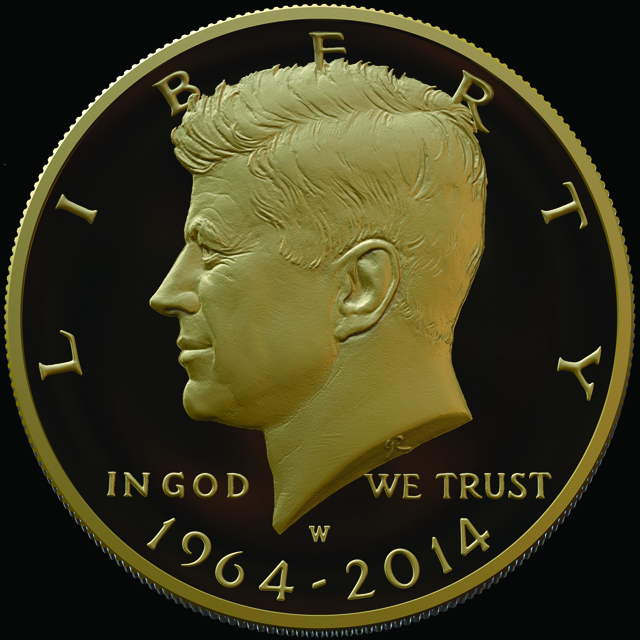 The United States Mint will begin selling the new dual-dated, 1964-2014 gold Kennedy half dollars at the 2014 Chicago World's Fair of Money.  (Image by United States Mint.)