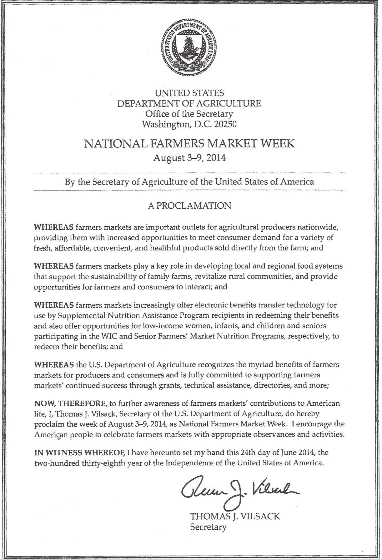 National Farmers Market Week Proclamation
