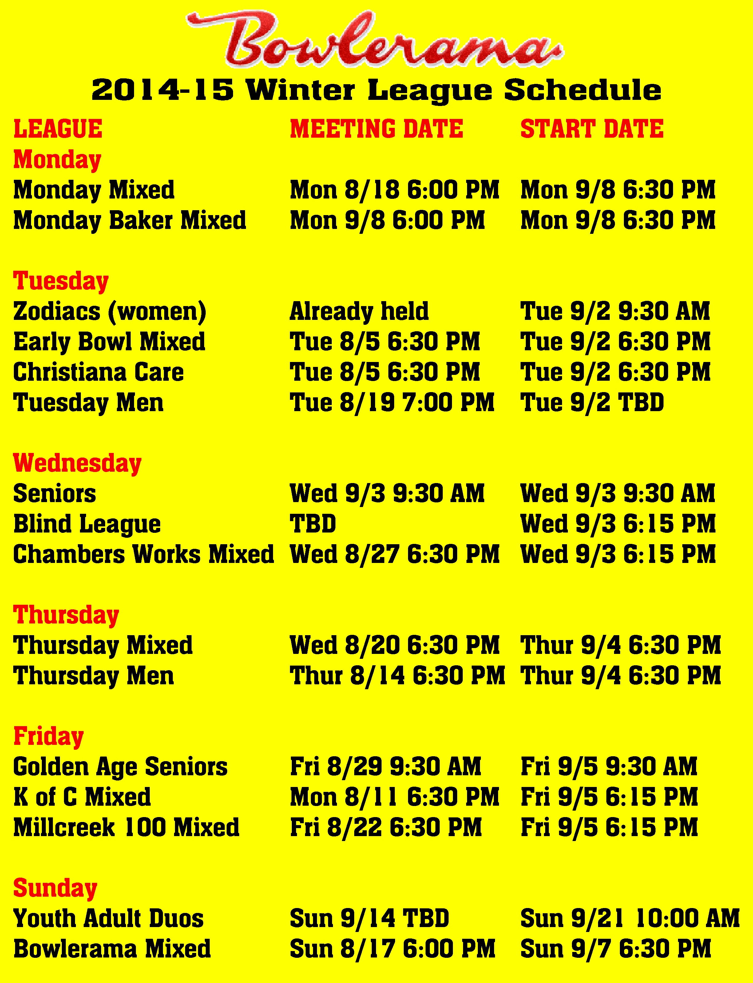 Winter League Schedule