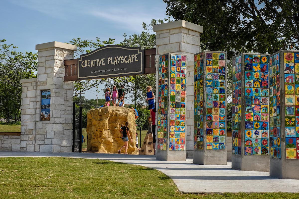 The entrance to the all new Creative Playscape features tiles of children's paintings that adorned the original playground.