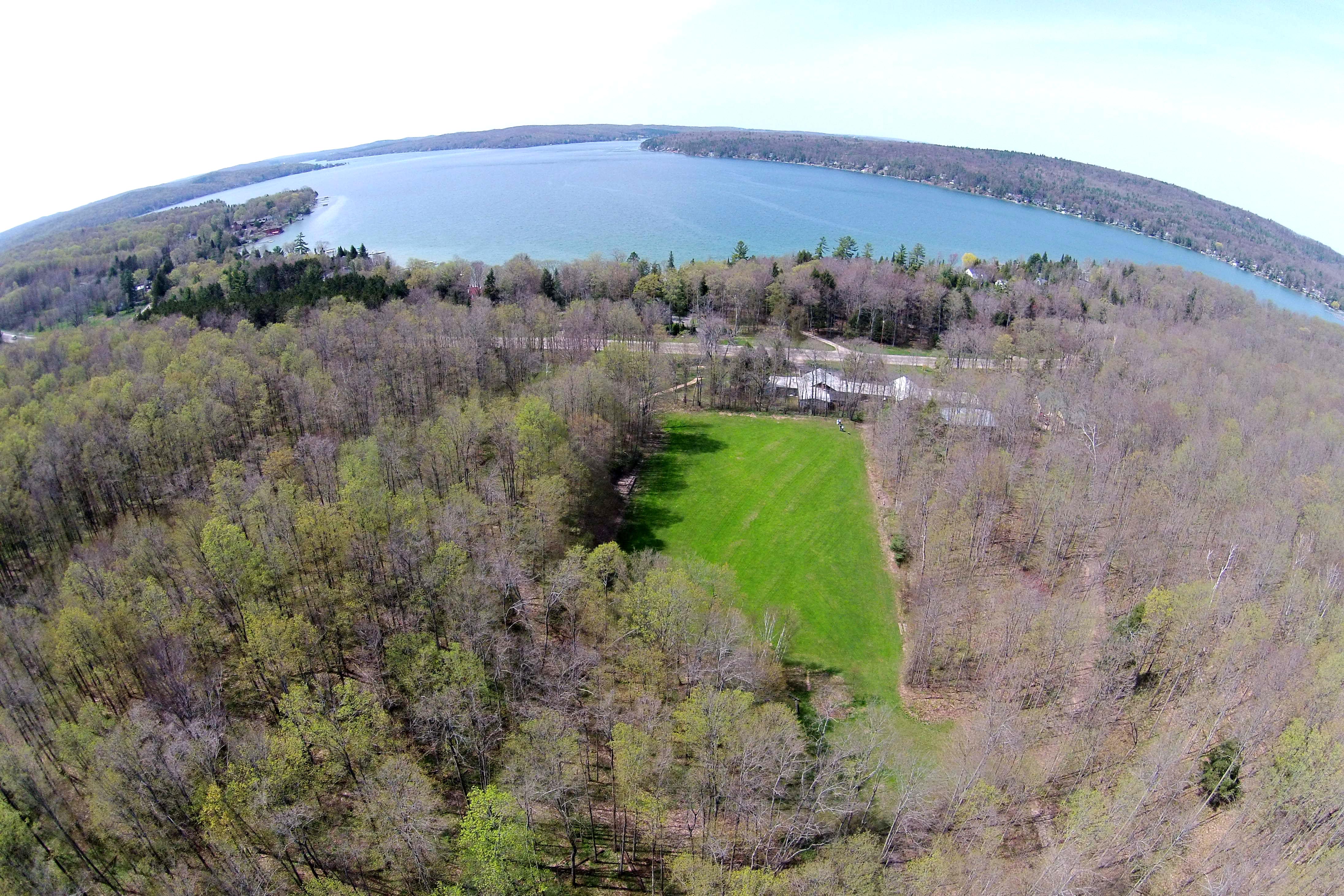 Aerial View of Elvyn Lea Lodge & Grounds, located in Boyne City, Michigan. Walloon Lake is seen in the distance in this photo.