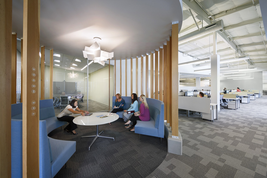 A subdued color pallet contrasts with warm wood ceilings and polished concrete floors, creating an effect that combines the clinical nature of the company with an inspirational environment.