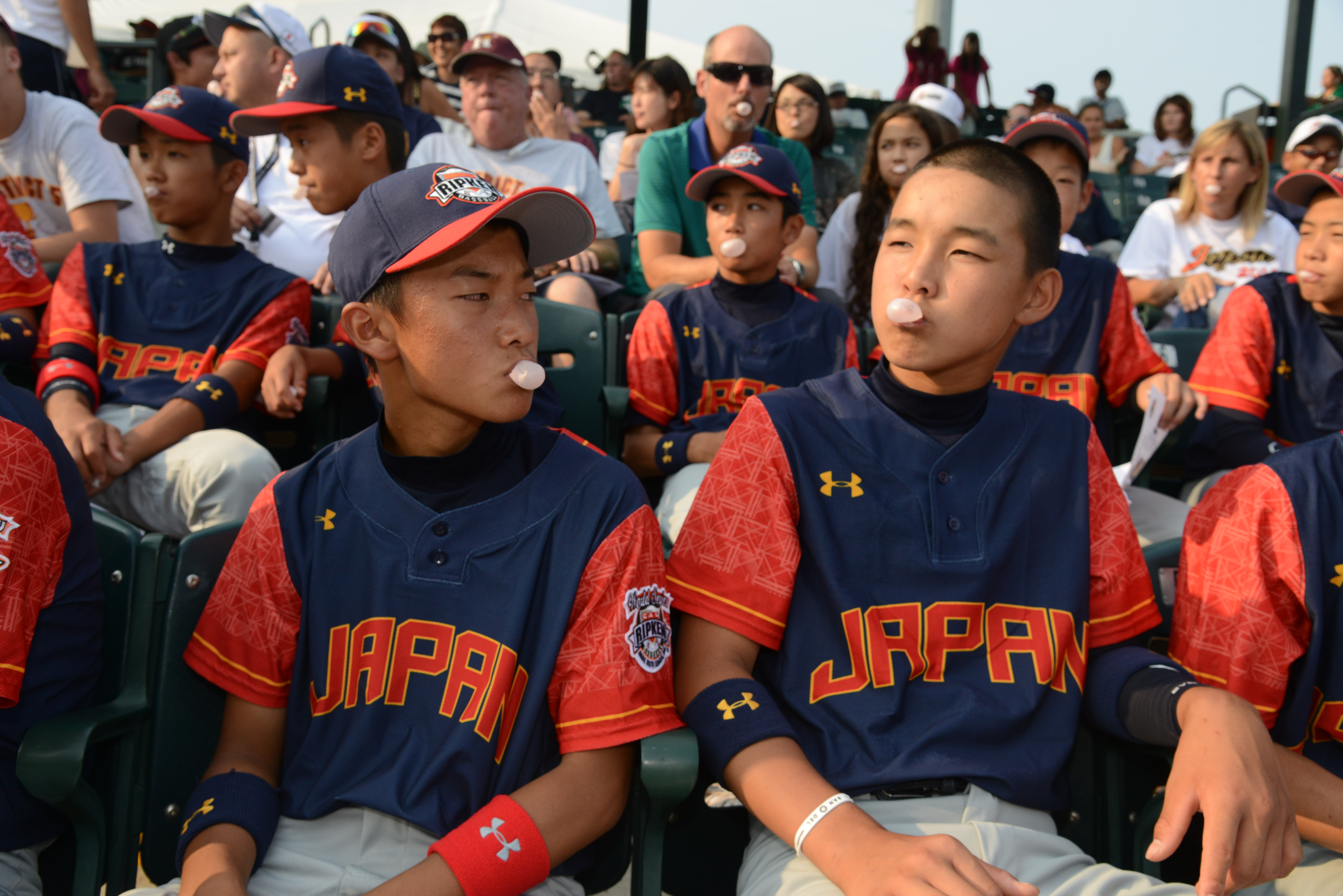 At the opening ceremonies of the Cal Ripken World Series, the defending championship team from Japan helps Big League Chew Bubble Gum achieve a GUINNESS WORLD RECORDS® official title.