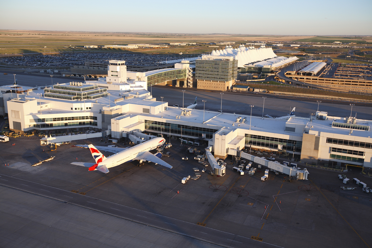 Aerial view of Denver International Airport shows A Gates and the Jeppesen Terminal in the background. Photograph provided courtesy of Denver International Airport.