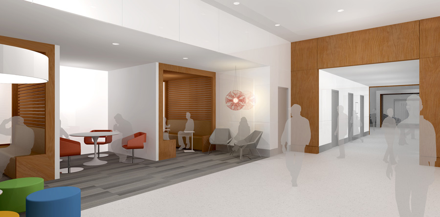 Collaborative spaces are being designed into the lobby at 60 South Market, allowing for spontaneous meetings by tenants and visitors to the building.