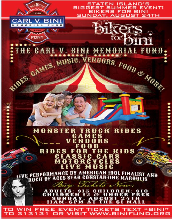 Bikers For Bini will feature carnival rides and games, classic car show, food, live music, motorcycles, monster truck rides & more!