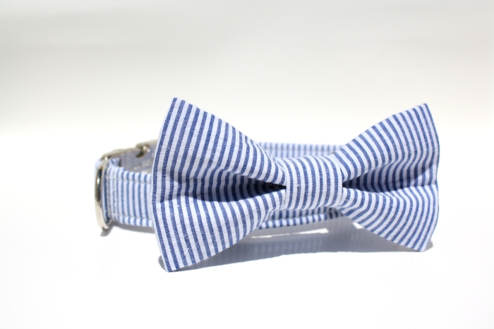 Blue and White Seersucker Dog Collar Bow Tie.