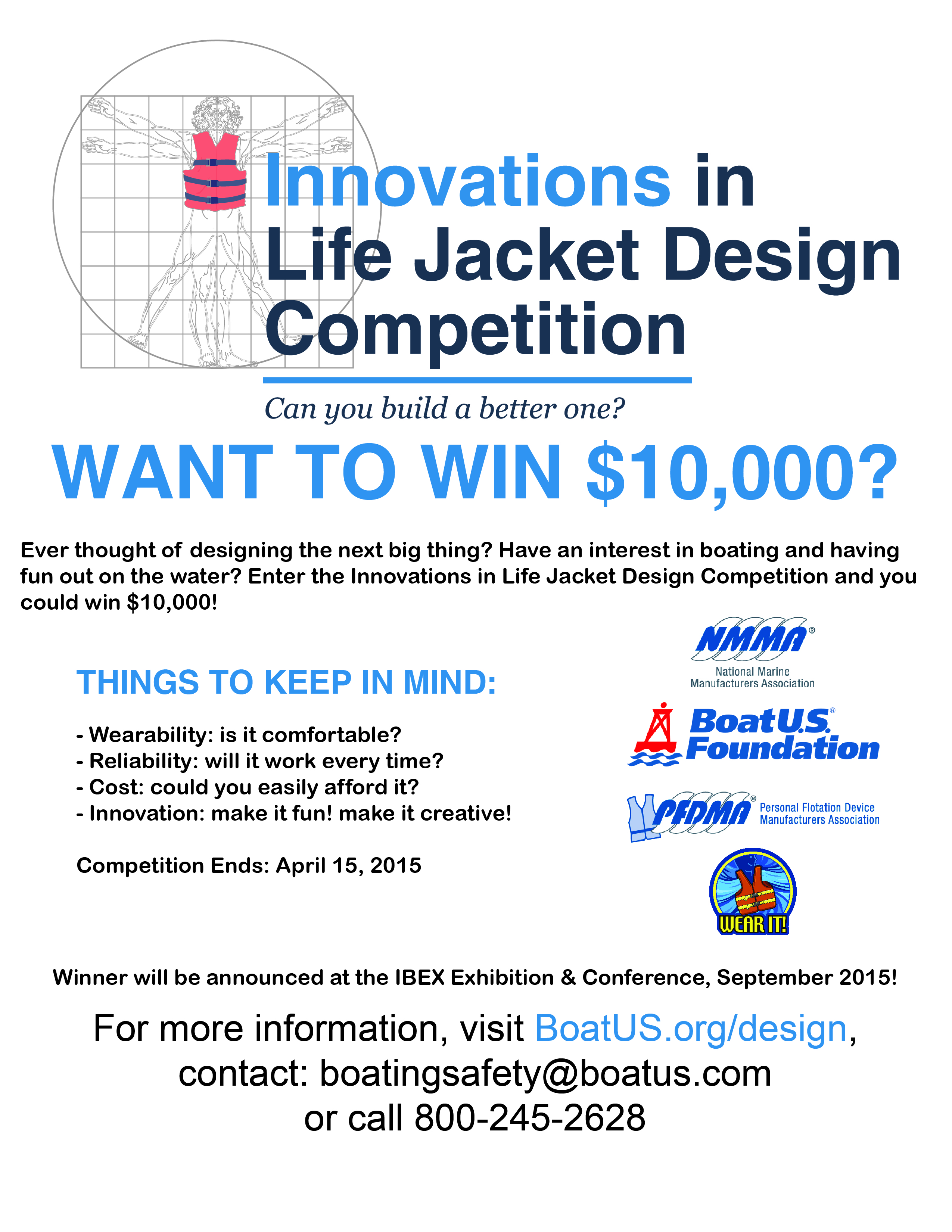 Print and share this Life Jacket Design Competition flyer with friends, armchair inventors, boaters and schools.