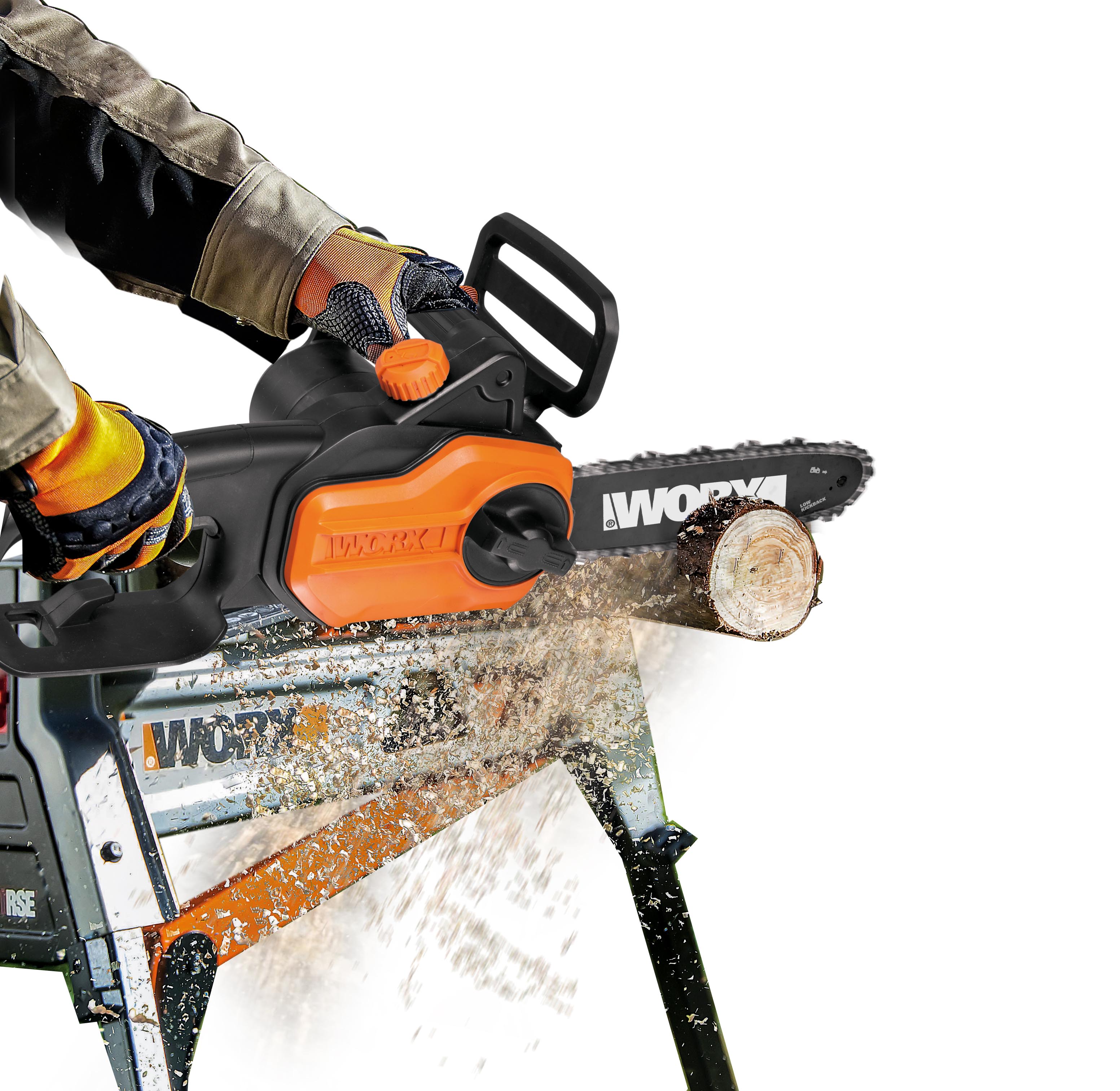 WORX 8A, 10 in. Electric Pole saw detaches without tools from its extension pole for yard clean-up or cutting firewood.