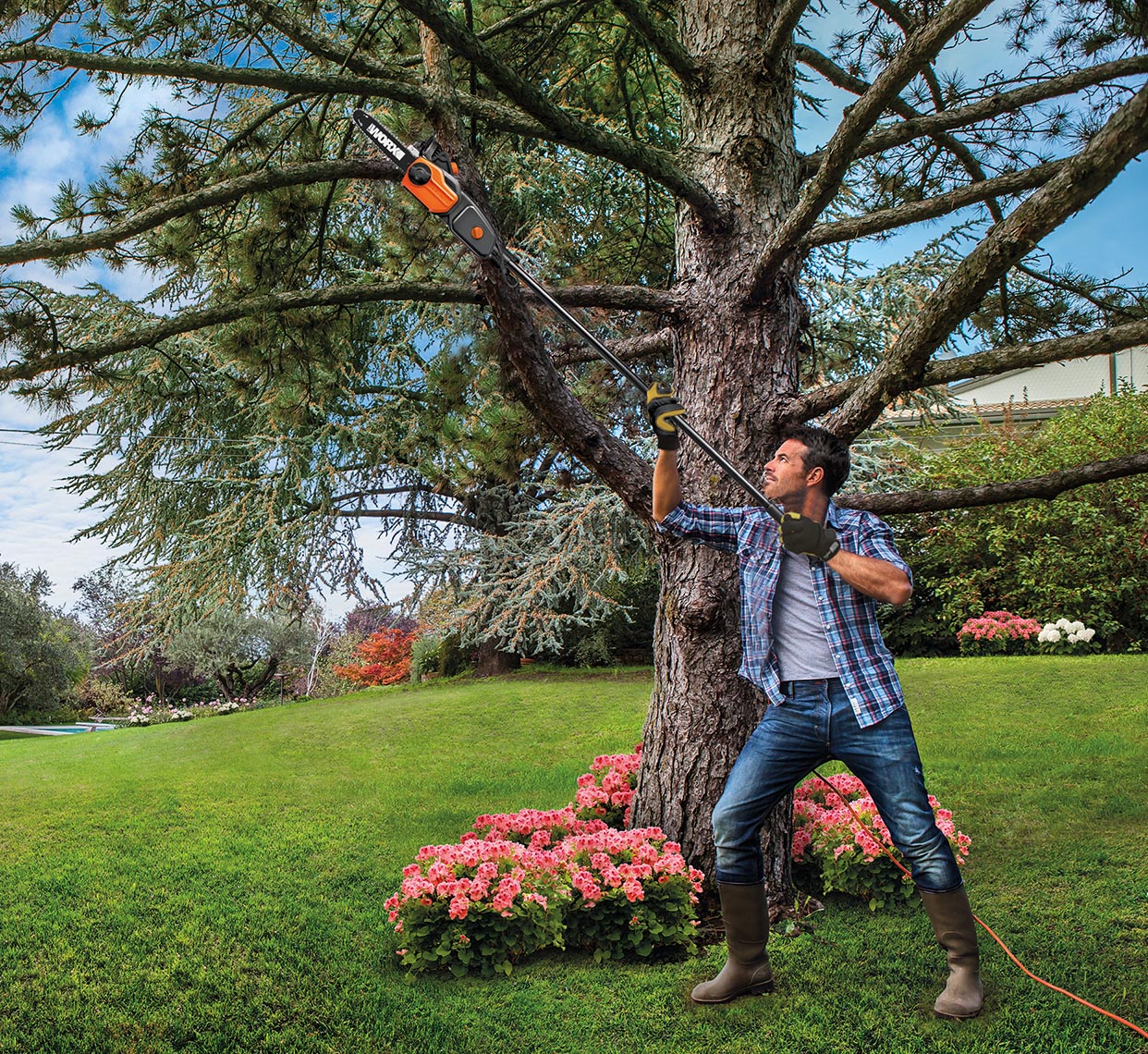 WORX 10 in., 8A Electric Pole Saw reaches up to 10 feet, making tree trimming easier and safer.