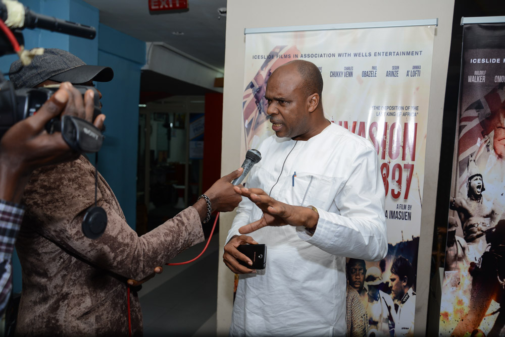 'INVASION 1897' star Mike Omoriegbe speaks to the press at the media unveiling of the film in Lagos, Nigeria.
