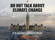 Do Not Talk about Climate Change poster features image of the Canadian Parliament Buildings dropped into the Alberta Oil Sands